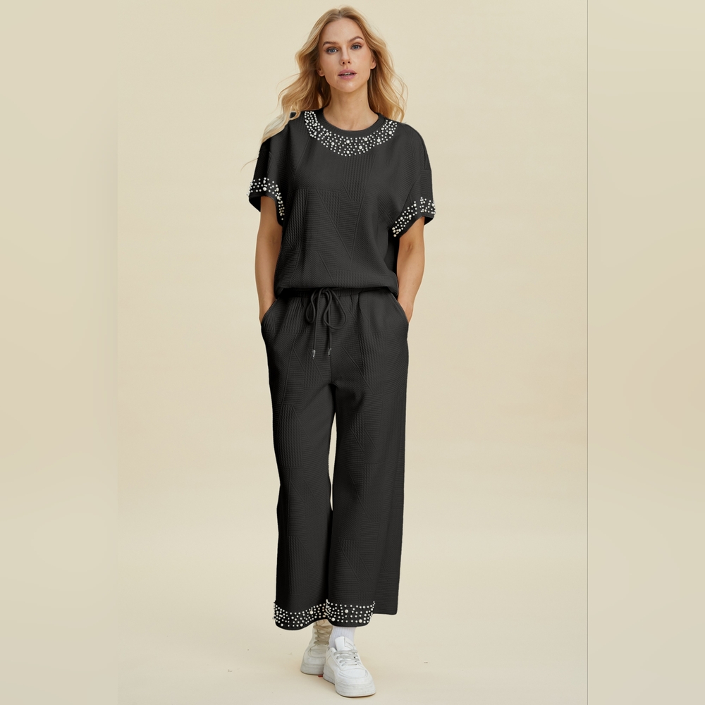 Double Take Full Size Pearl Detail Round Neck Top and Pants Set